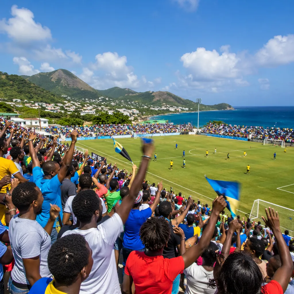 Small Caribbean island football stadium with local fans cheering, blue sky backg
