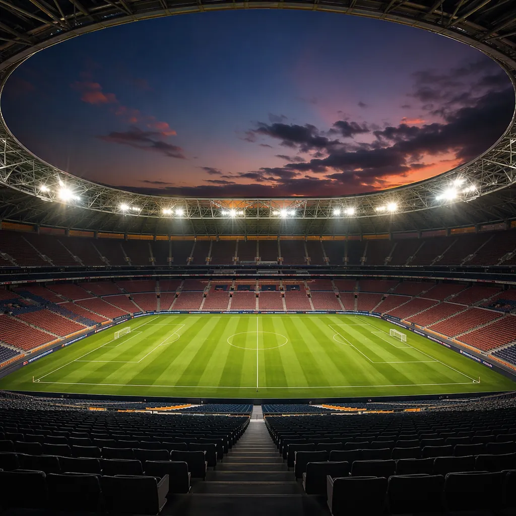 Wide shot of a modern World Cup football stadium at dusk, bright stadium lights