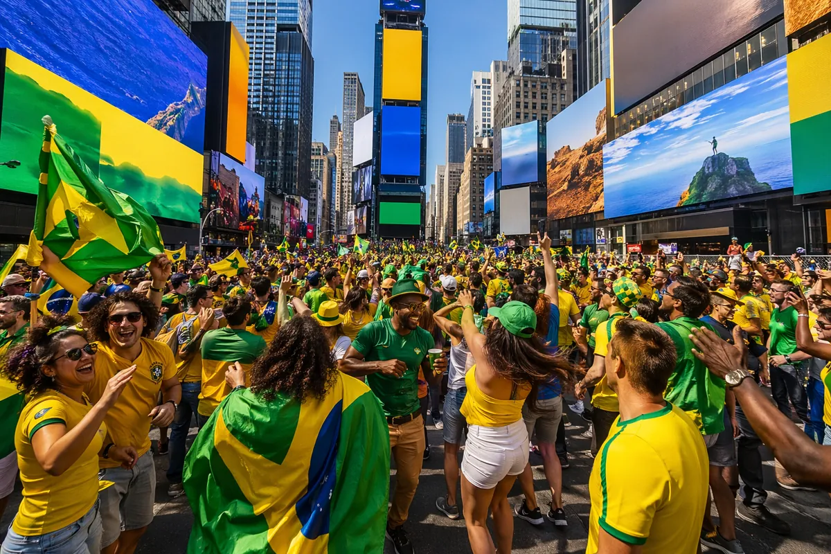 Wide shot of Times Square in New York filled with crowds wearing yellow and green clothing