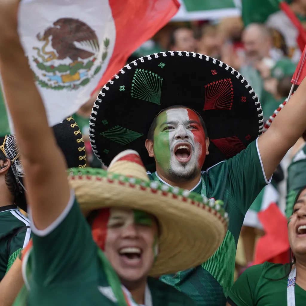 Close-up of Mexican football fans wearing traditional sombreros cheering in stad