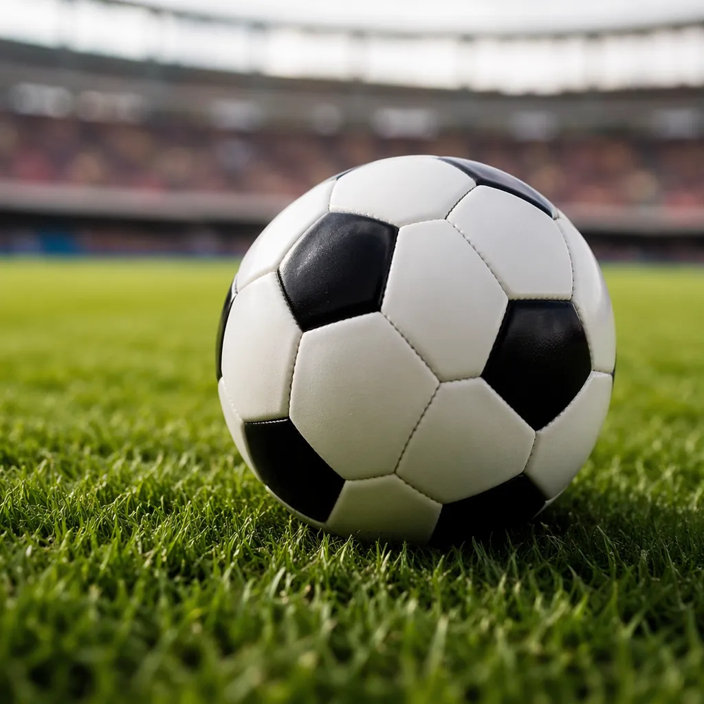 Close up of a generic black and white football resting on lush green grass pitch