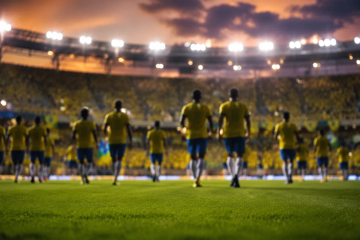 Editorial news header image for Brazil World Cup content, blurred silhouettes of soccer pl