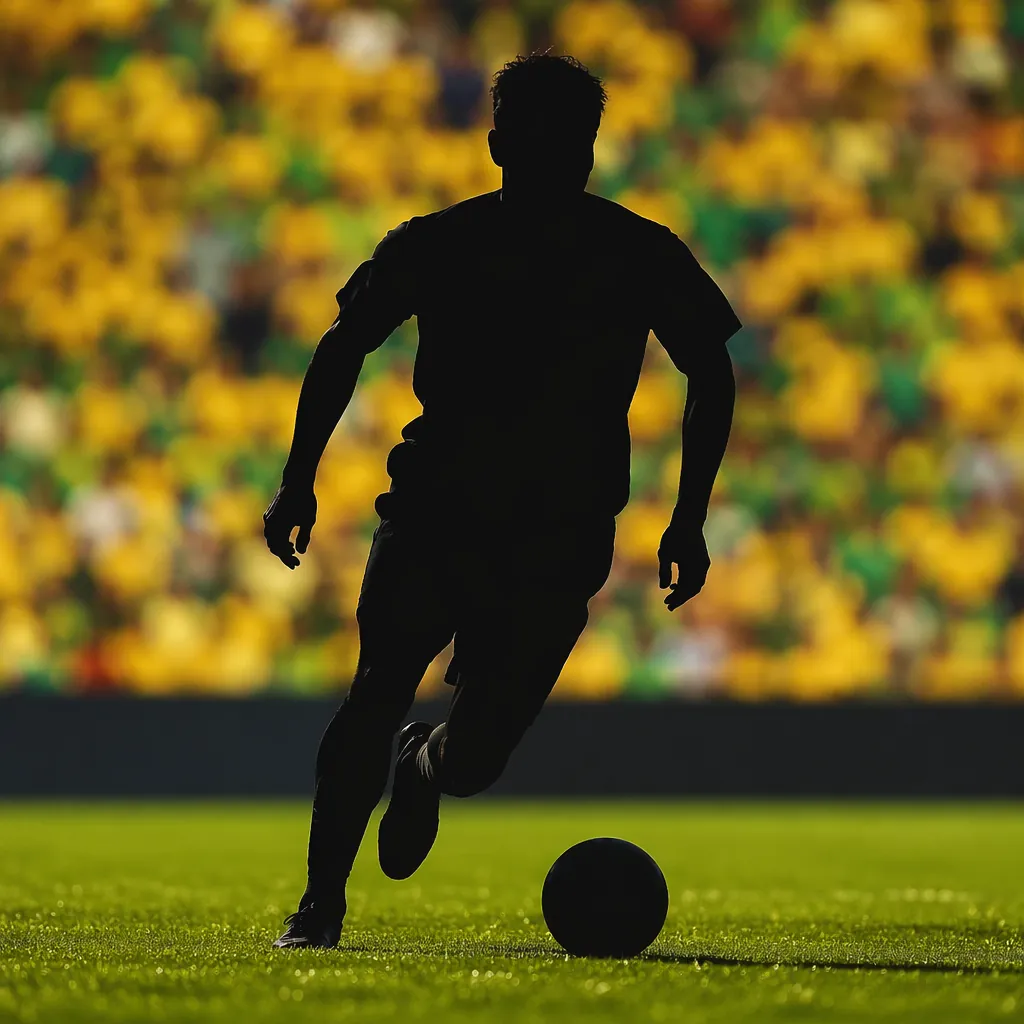 Silhouette of a soccer player dribbling the ball on a professional soccer pitch,