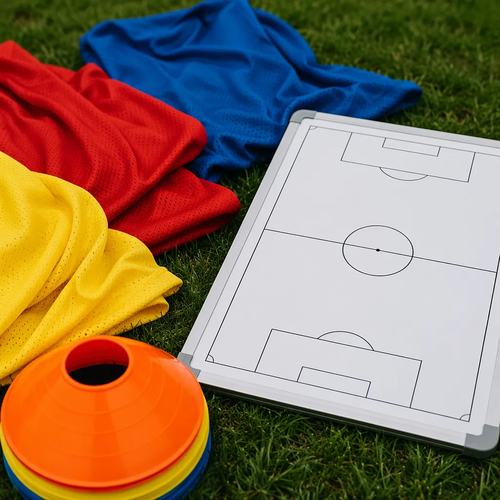 Close up shot of generic football training gear including plain jerseys, trainin
