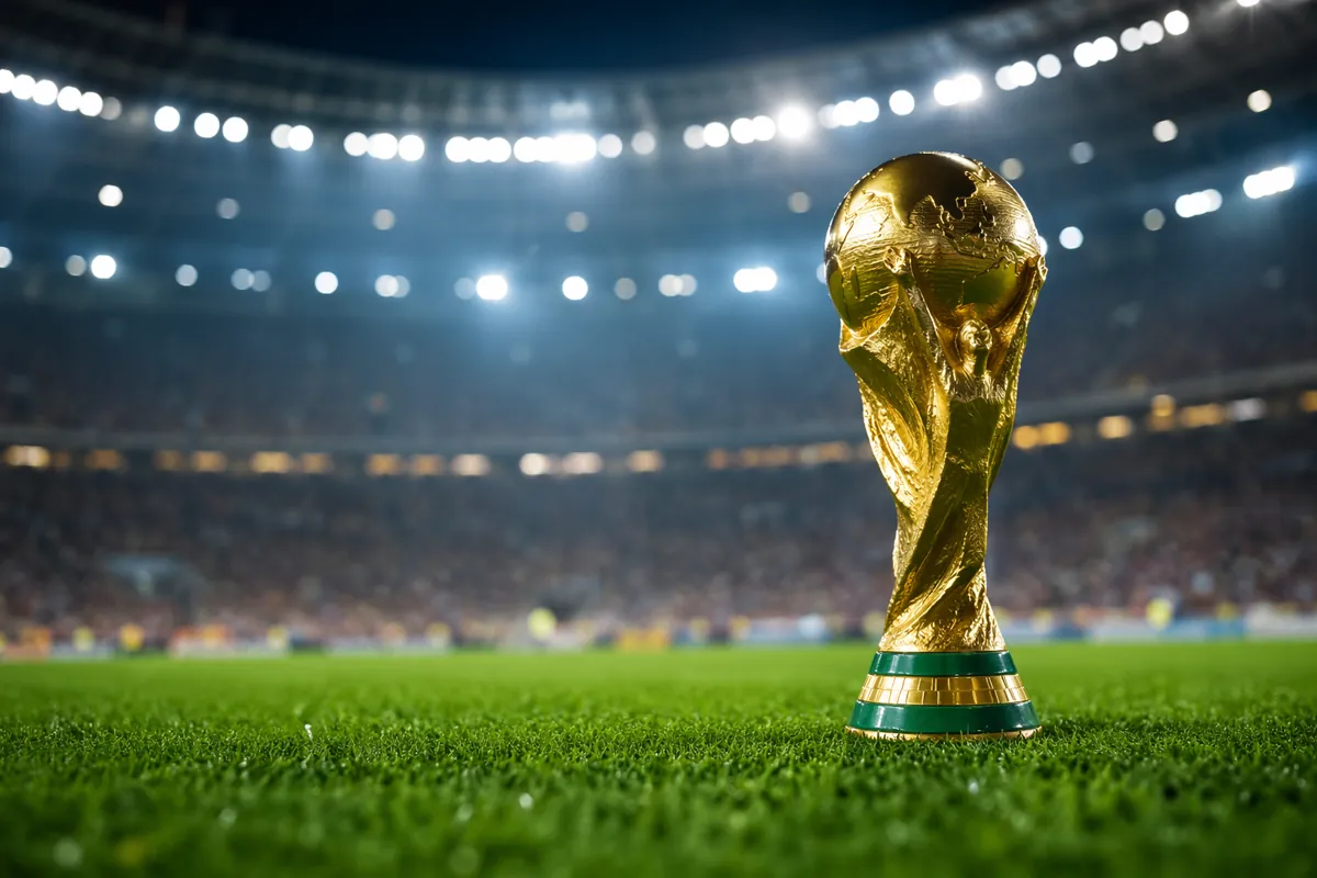 Wide shot of a golden world cup trophy placed on a well-maintained green football field, w