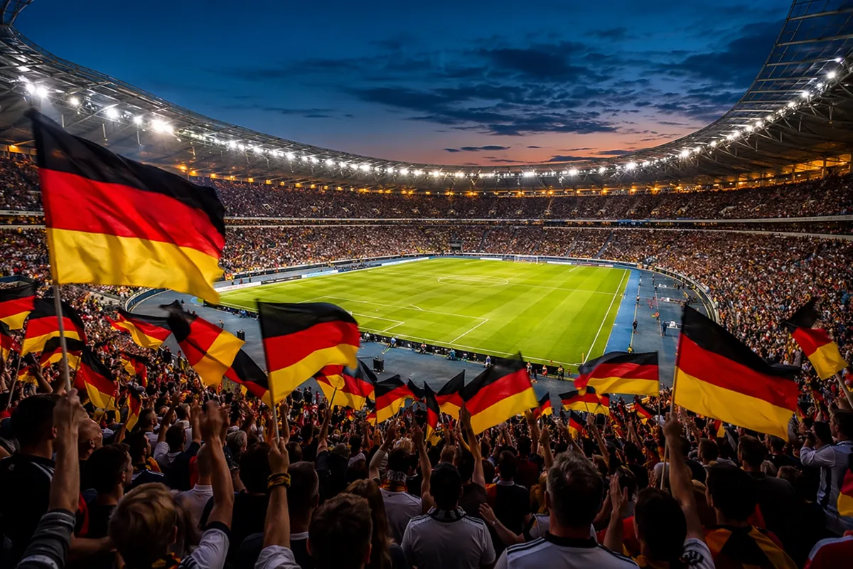 Wide shot of a professional football stadium at dusk, German national team fans waving bla