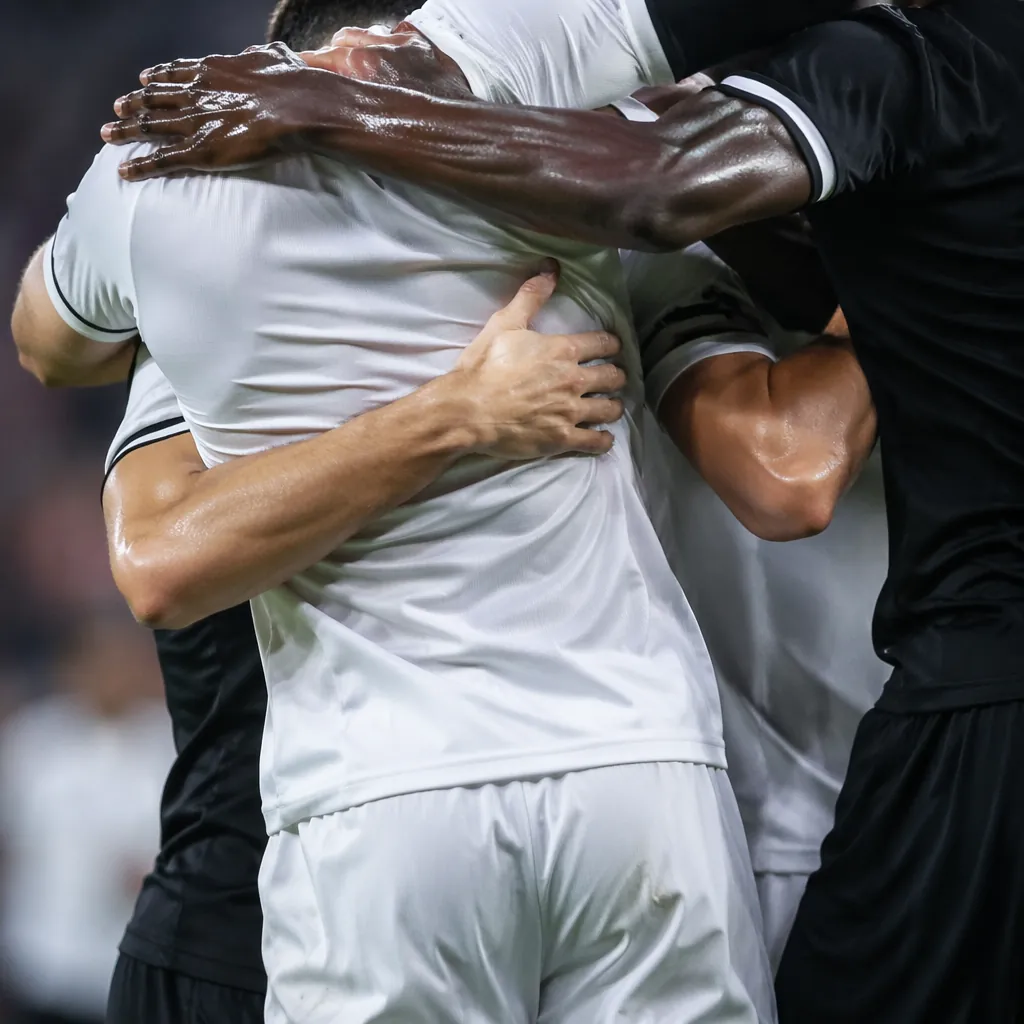 Close up of football players in generic white and black kits celebrating a goal