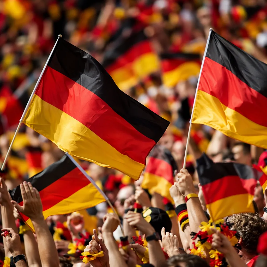 Close up shot of football fans holding generic black, red and gold flags cheerin