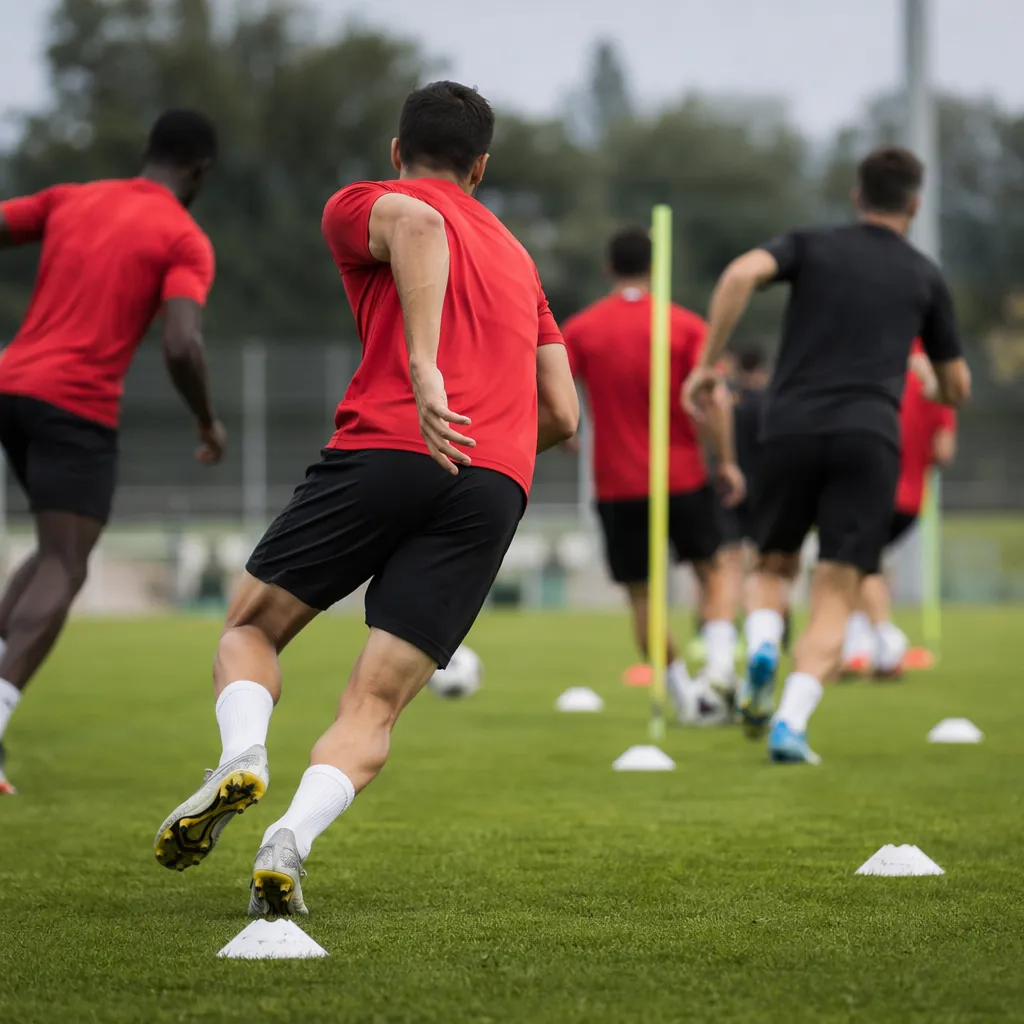 Anonymous soccer players in generic red and black training kits doing warm-up dr