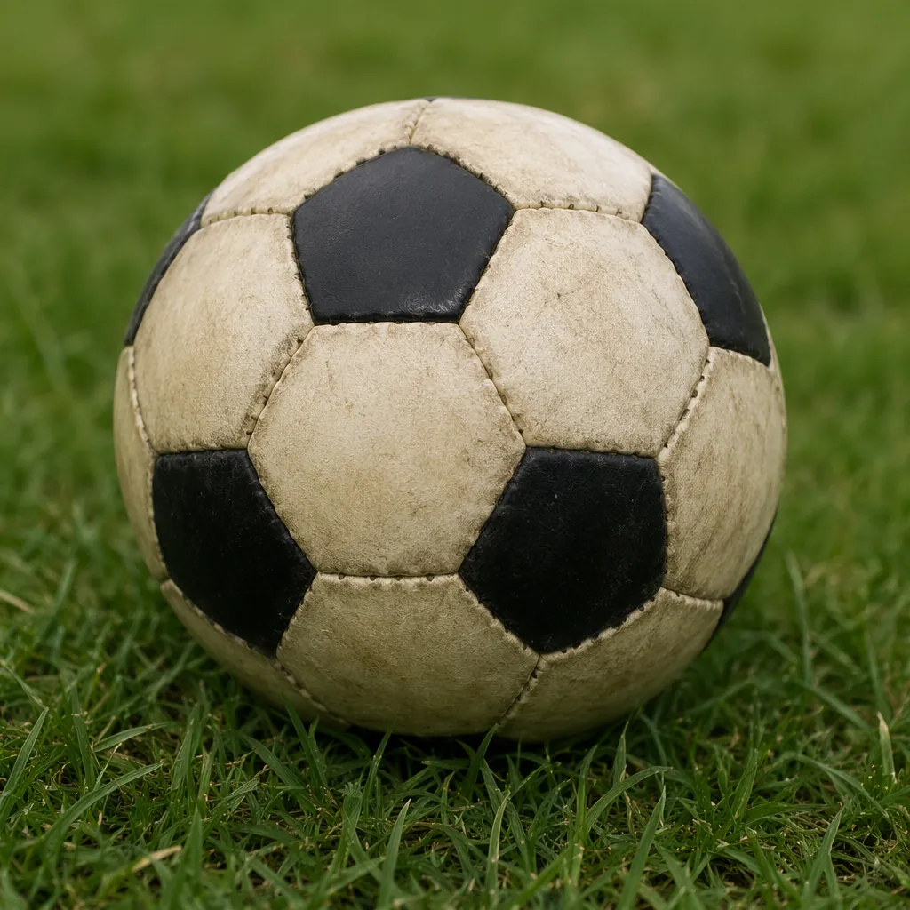 Close up of a vintage World Cup football on a green grass pitch, soft natural li