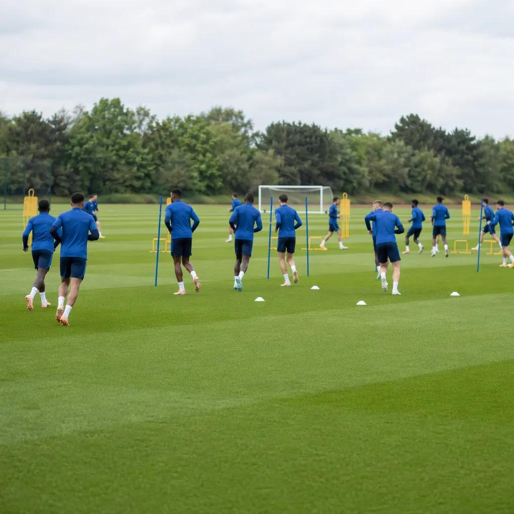 Wide shot of a generic football training pitch, players in blue training kits ru