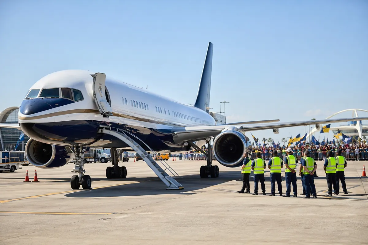 Wide shot of a national football team's charter plane parked at Los Angeles International