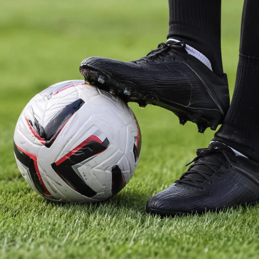 Close up of generic football boots and a match ball on a neatly trimmed green gr