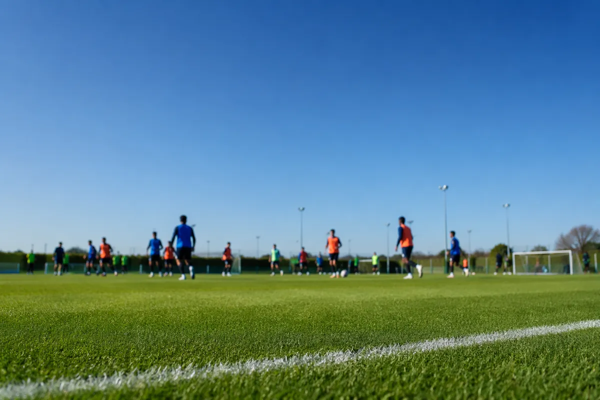 Professional sports news header image, wide shot of a green football training pitch with b