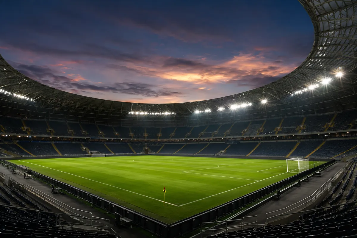 Wide shot of a generic international football stadium at dusk, bright floodlights illumina
