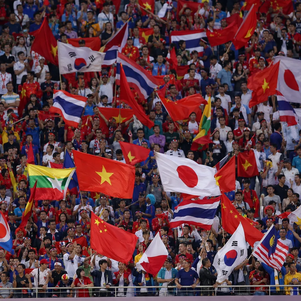 Wide shot of unidentifiable football fans in stadium stands waving generic Asian