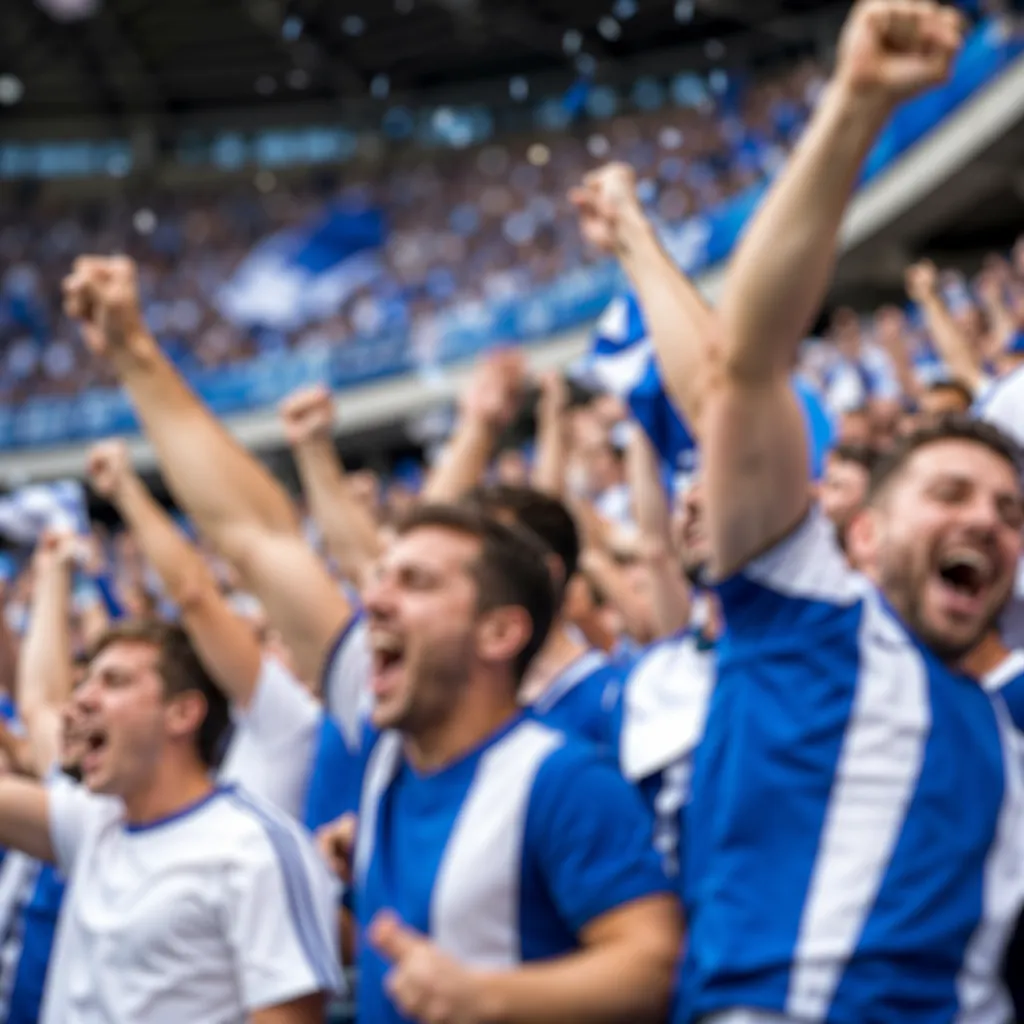 Blurred shot of football fans wearing generic blue and white jerseys cheering in