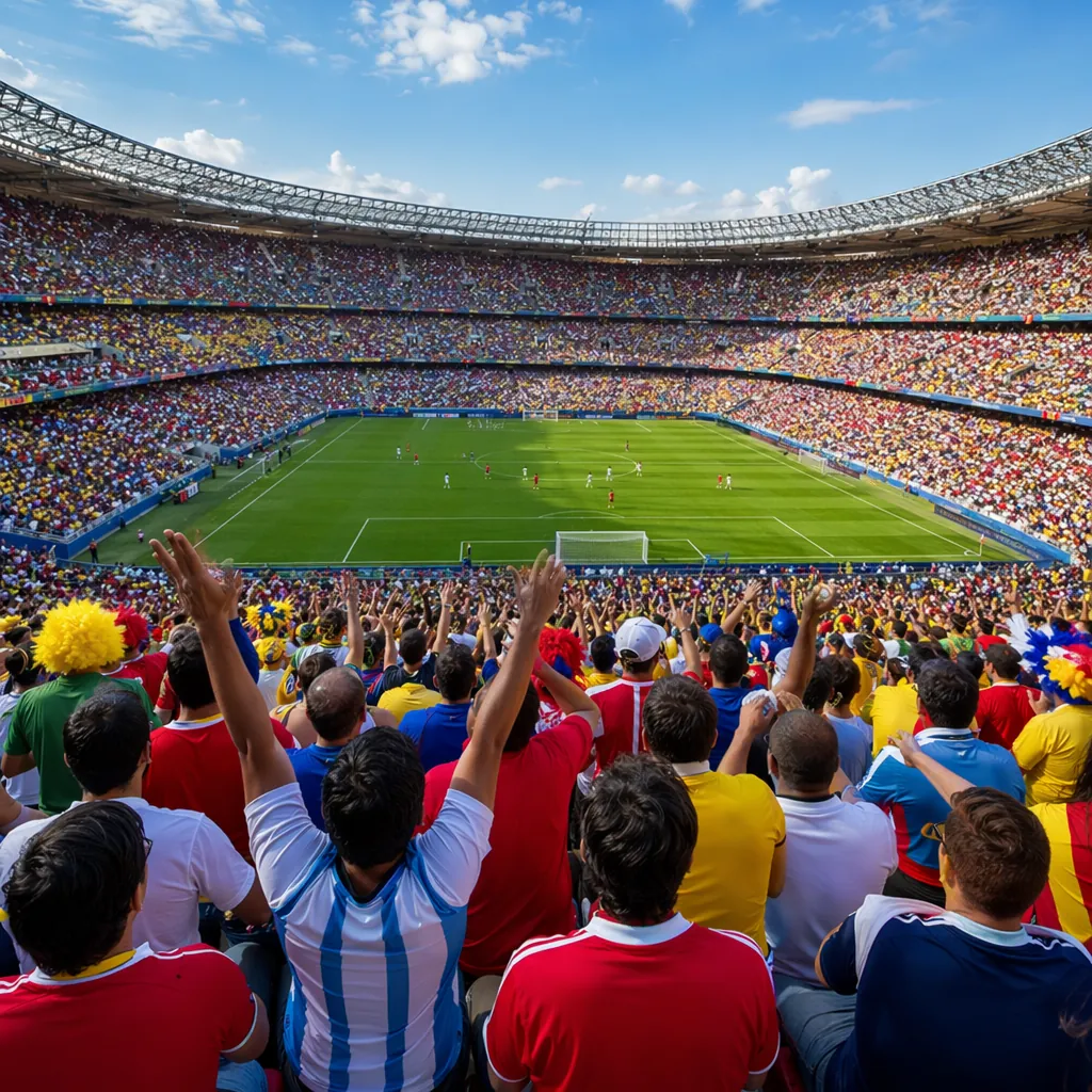 Wide shot of football fans wearing colorful jerseys sitting in an open air World