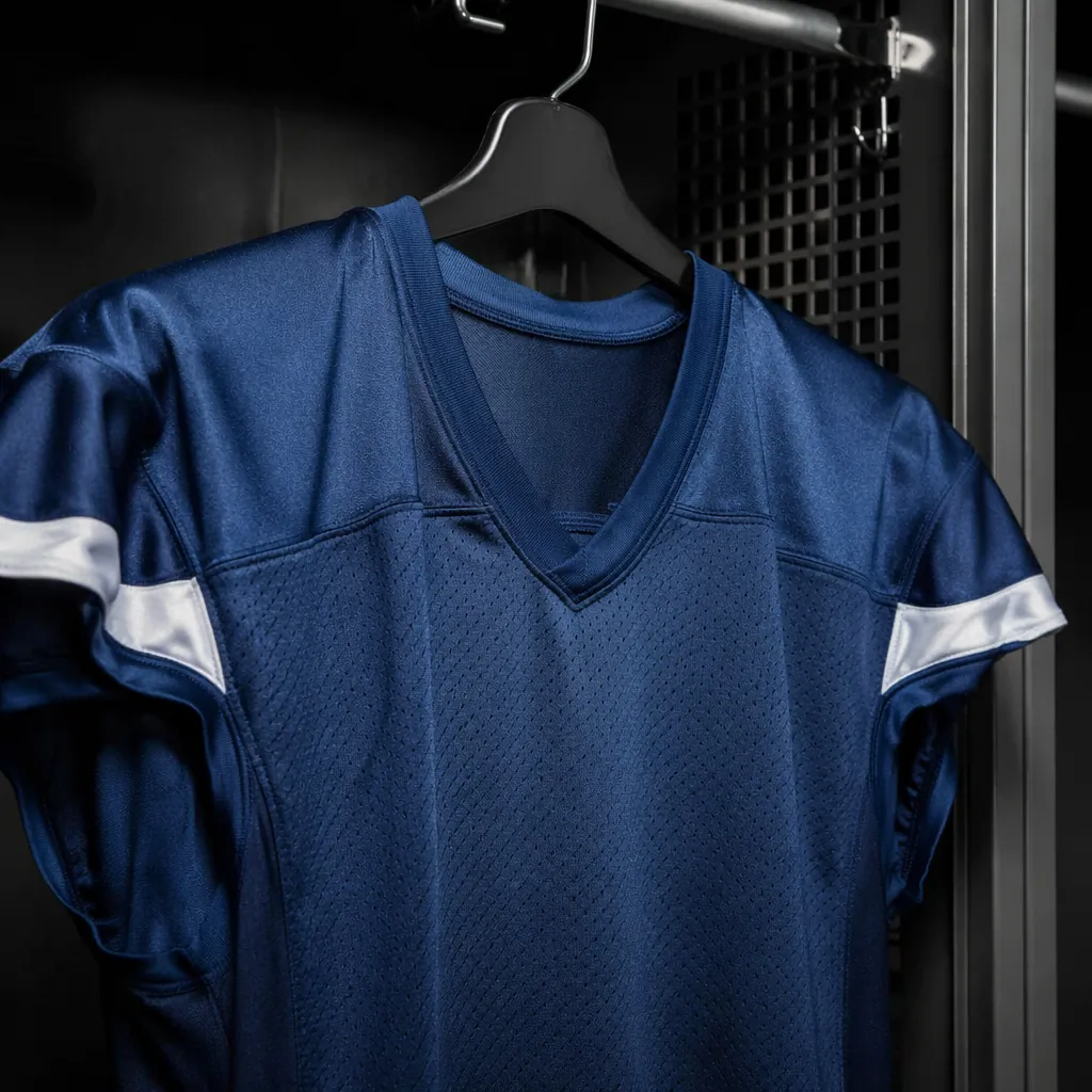 Close up of a generic football jersey hanging in a locker room, neutral lighting
