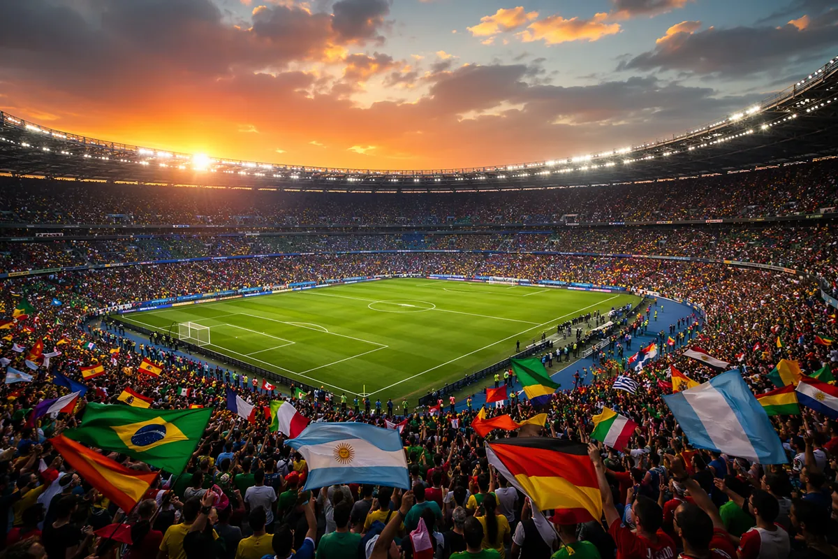 Wide shot of a packed World Cup football stadium at sunset, with fans waving colorful nati