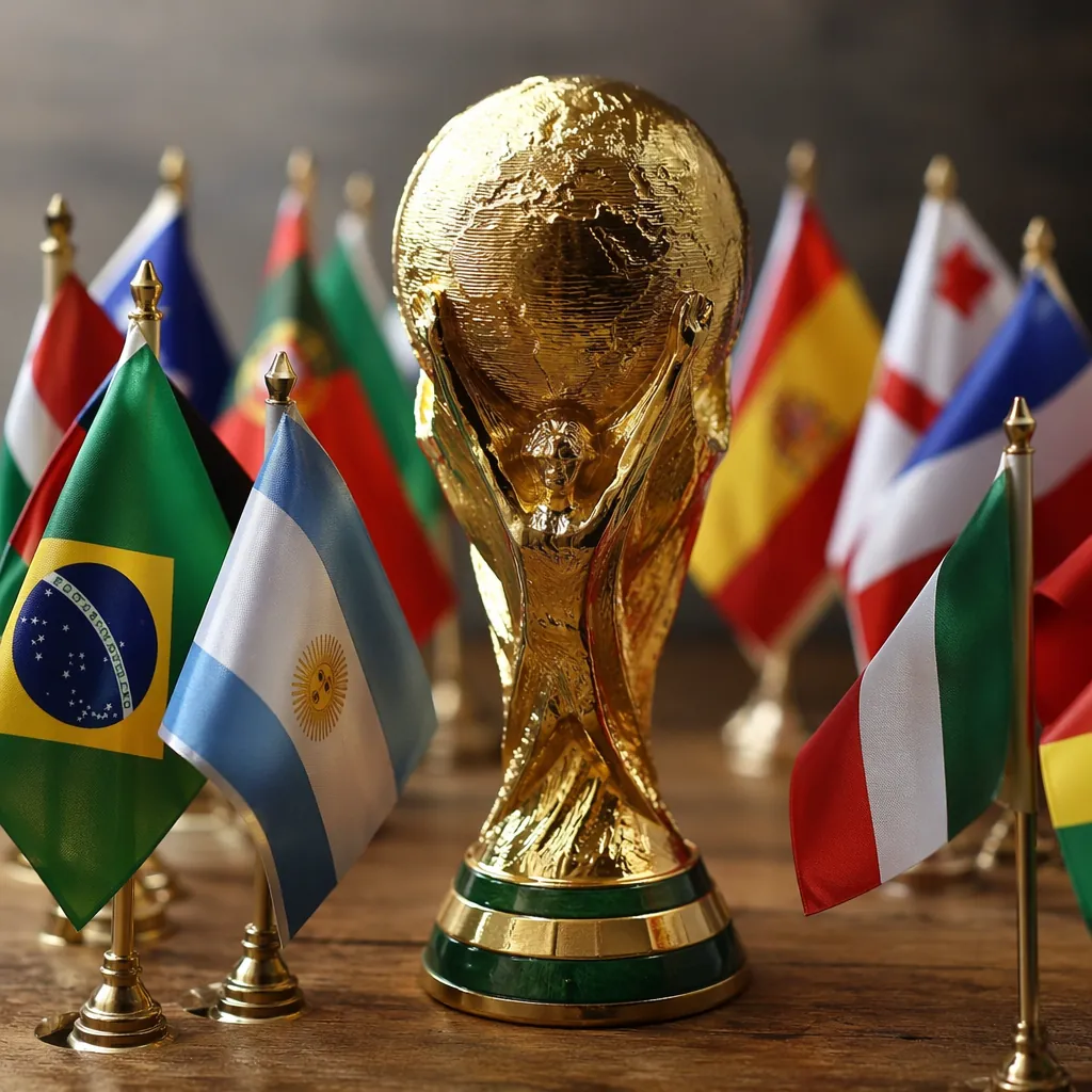 Close up of a vintage World Cup trophy replica surrounded by small national flag