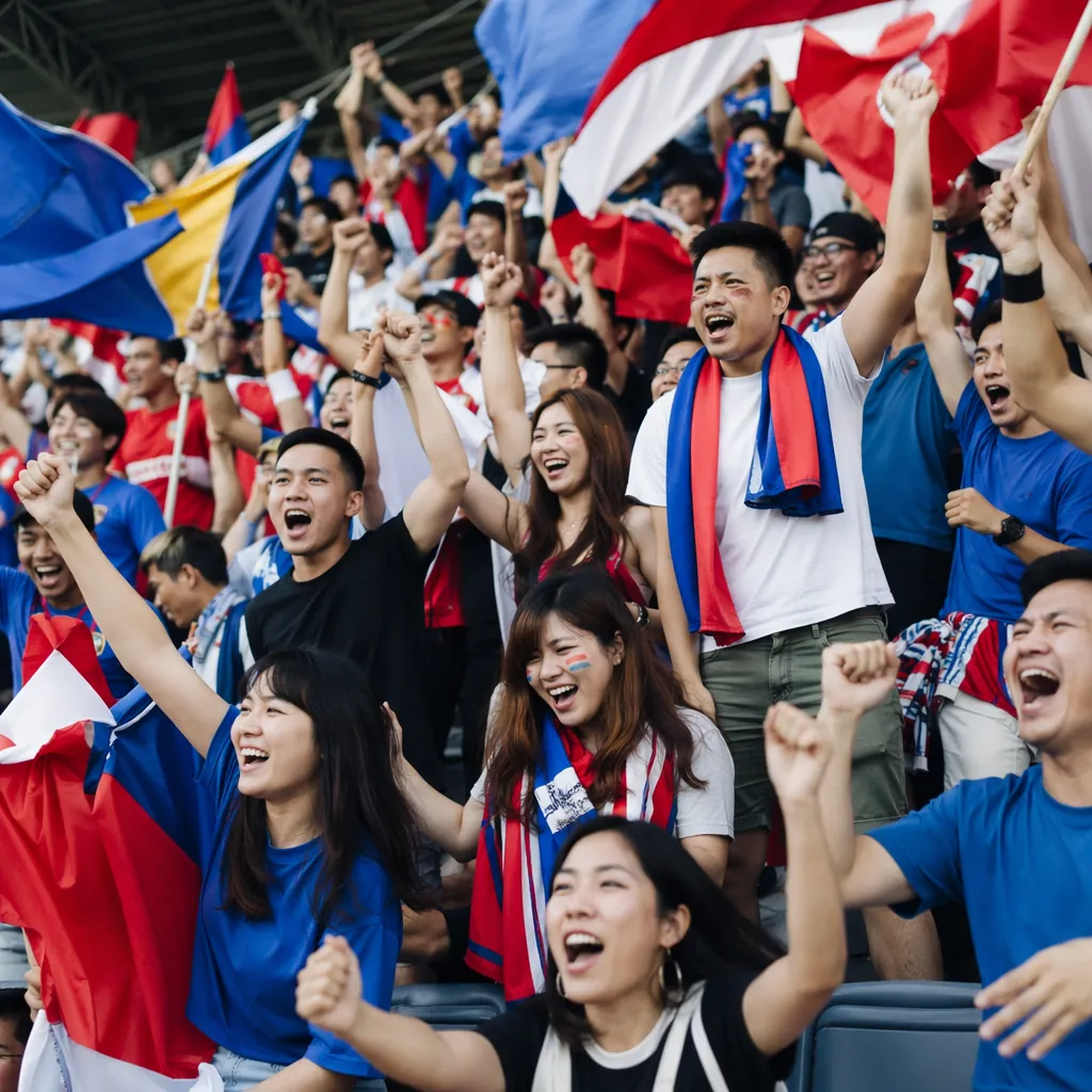 Wide shot of excited Asian football fans celebrating together in stadium stands,
