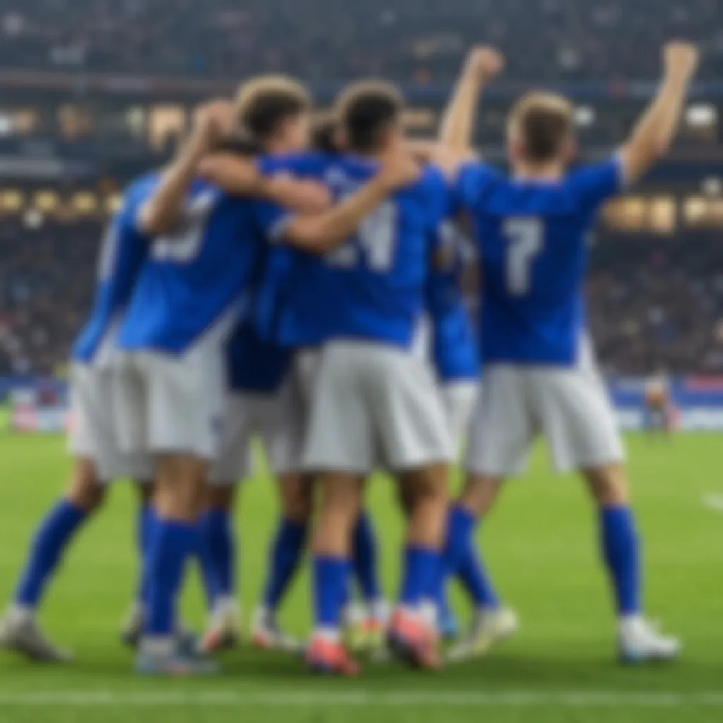 Blurred wide shot of soccer players in generic jerseys celebrating a goal on the